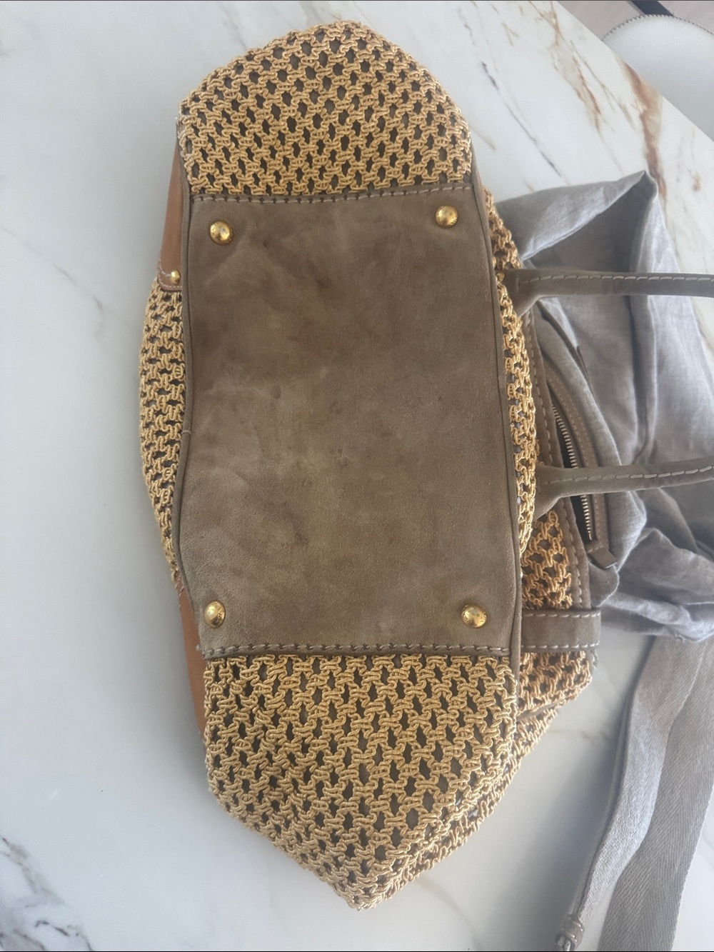 Prada Yellow Crochet Shoulder Bag with Taupe Leather Trim and shopping bag - Picture 15 of 16